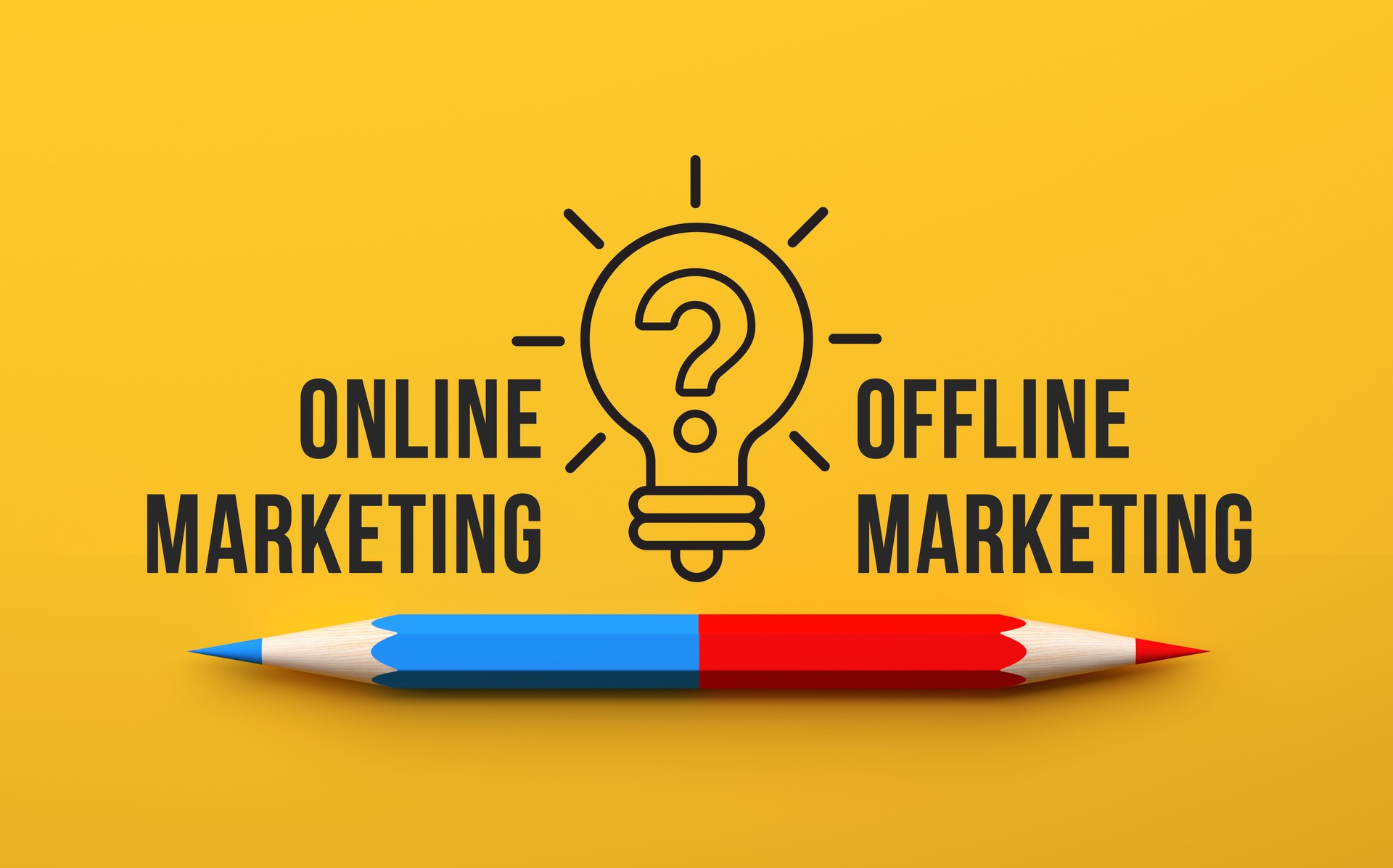 Lightbulb Icon with a Question Mark, Divided Pen Pointing to 'Online' and 'Offline' Marketing, Representing Idea Generation and Strategy for Advertising Campaigns. 2D Illustration.