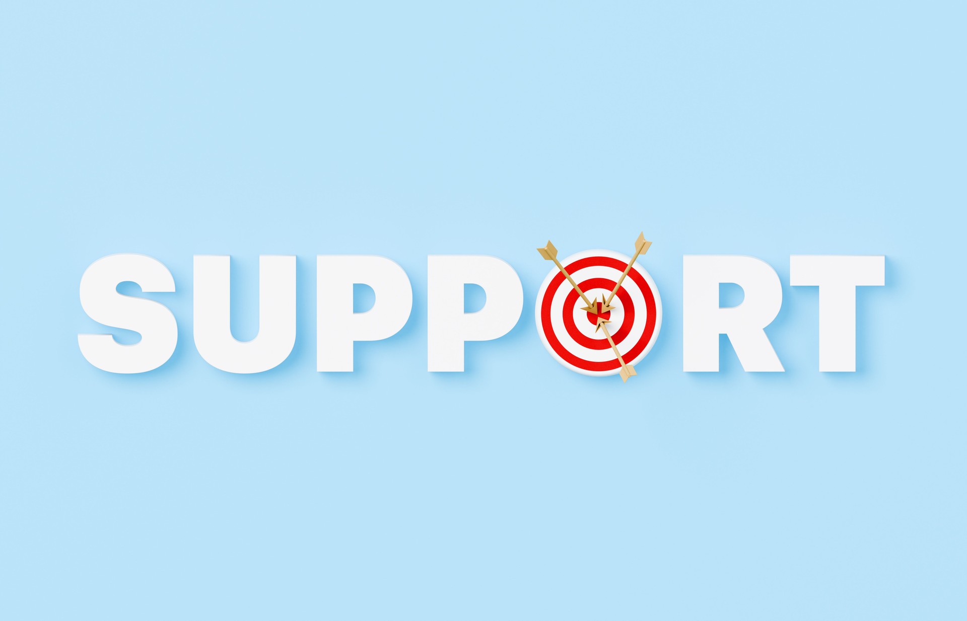 Support spelled with text and a bulls eye