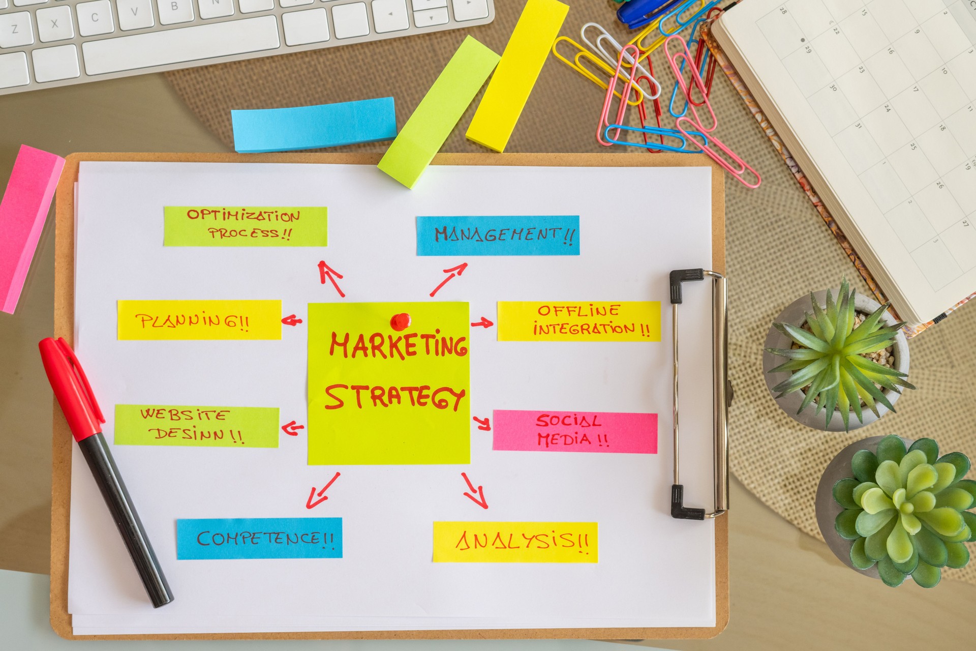 Colorful sticky notes and markers on a clipboard facilitate brainstorming and planning for a comprehensive marketing strategy, covering optimization and social media integration