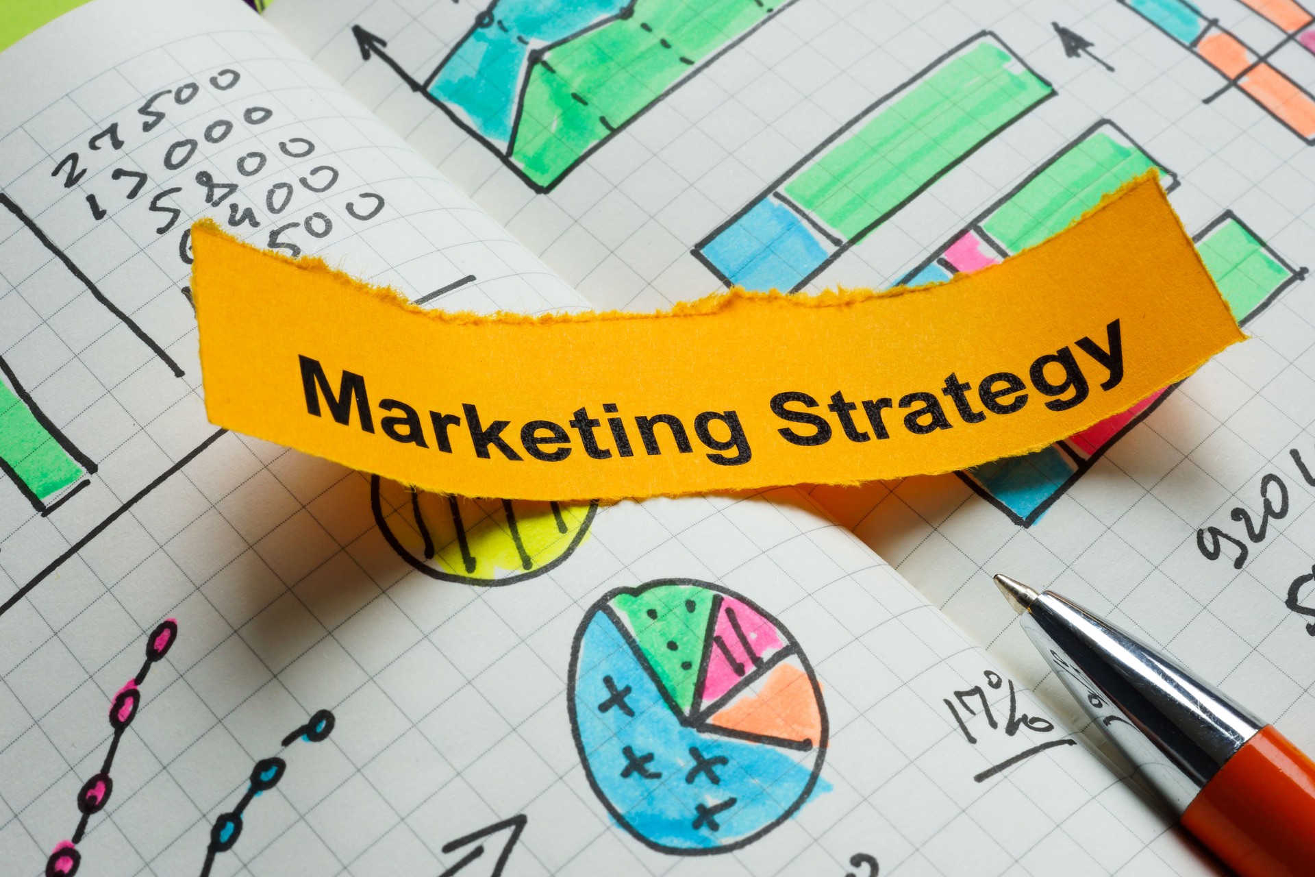 Marketing strategy with charts. Business planning and performance analysis.